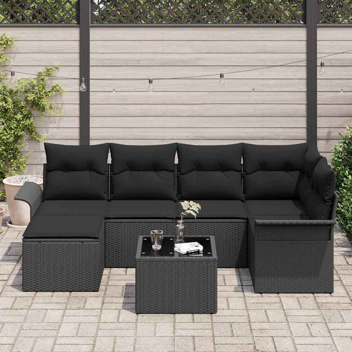 Havesofa Sæt med opbevaring 7 pcs Sort polyrattan