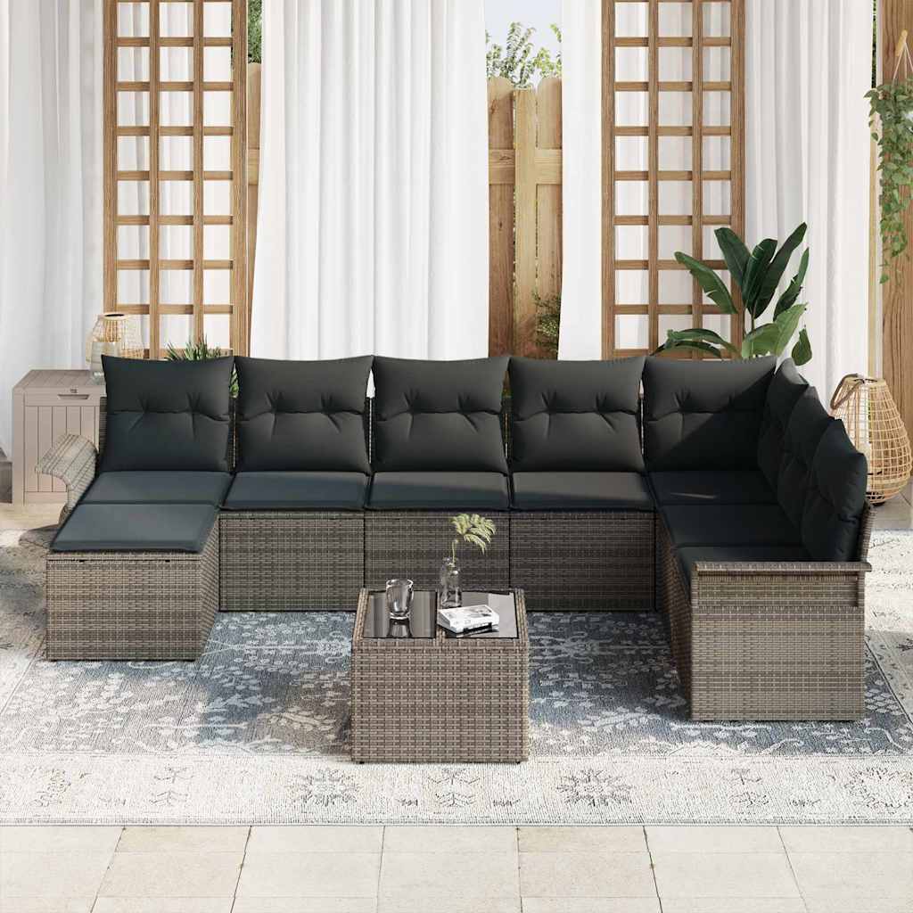 Havesofa Sæt med pude med opbevaring 9 pcs Sort Poly rattan