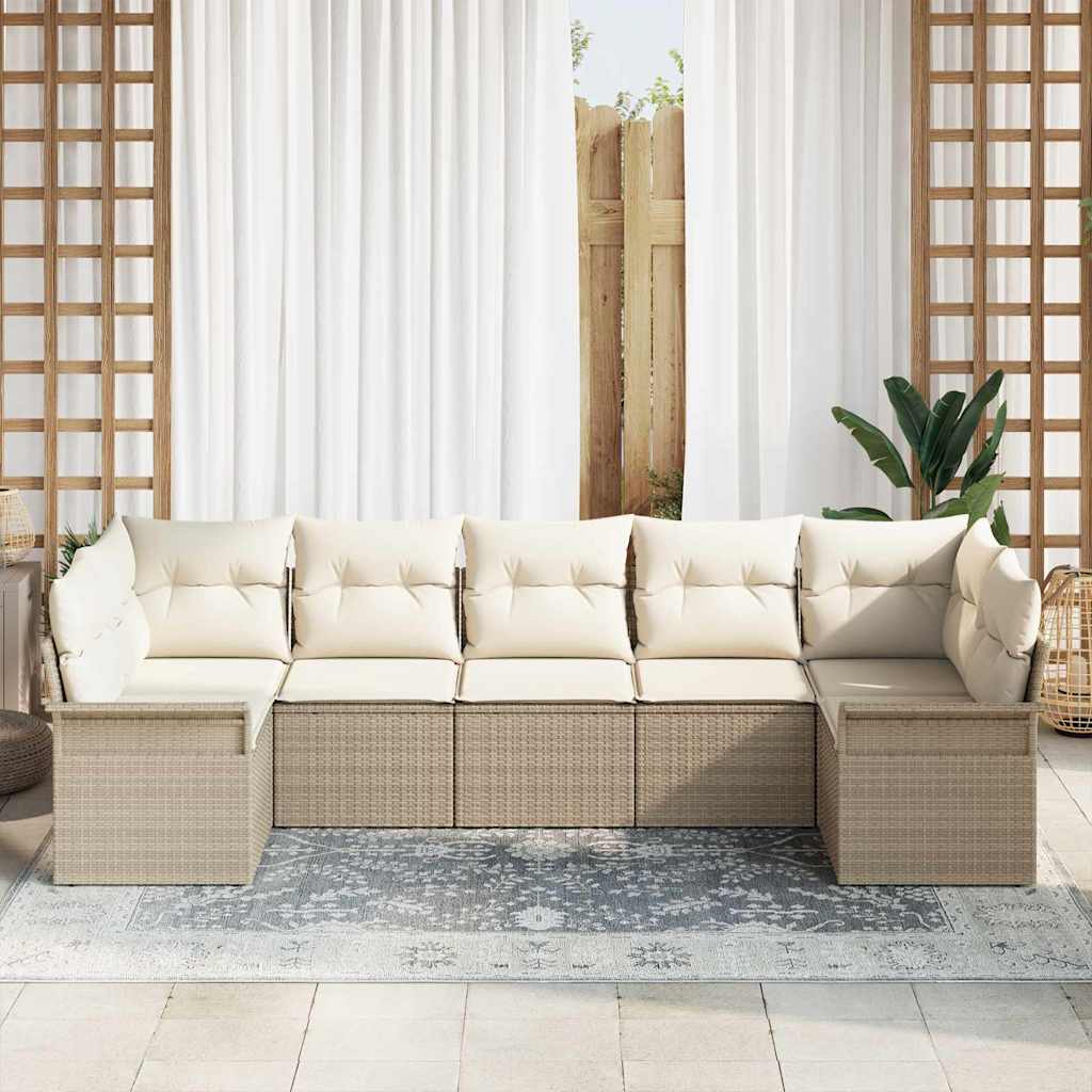 Havesofa Sæt med pude med opbevaring 7 pcs Beige Poly rattan