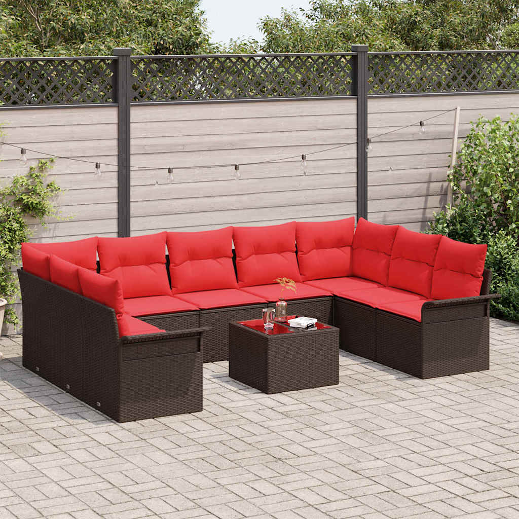 Havesofa Sæt med pude med opbevaring 10 pcs Brun Poly rattan