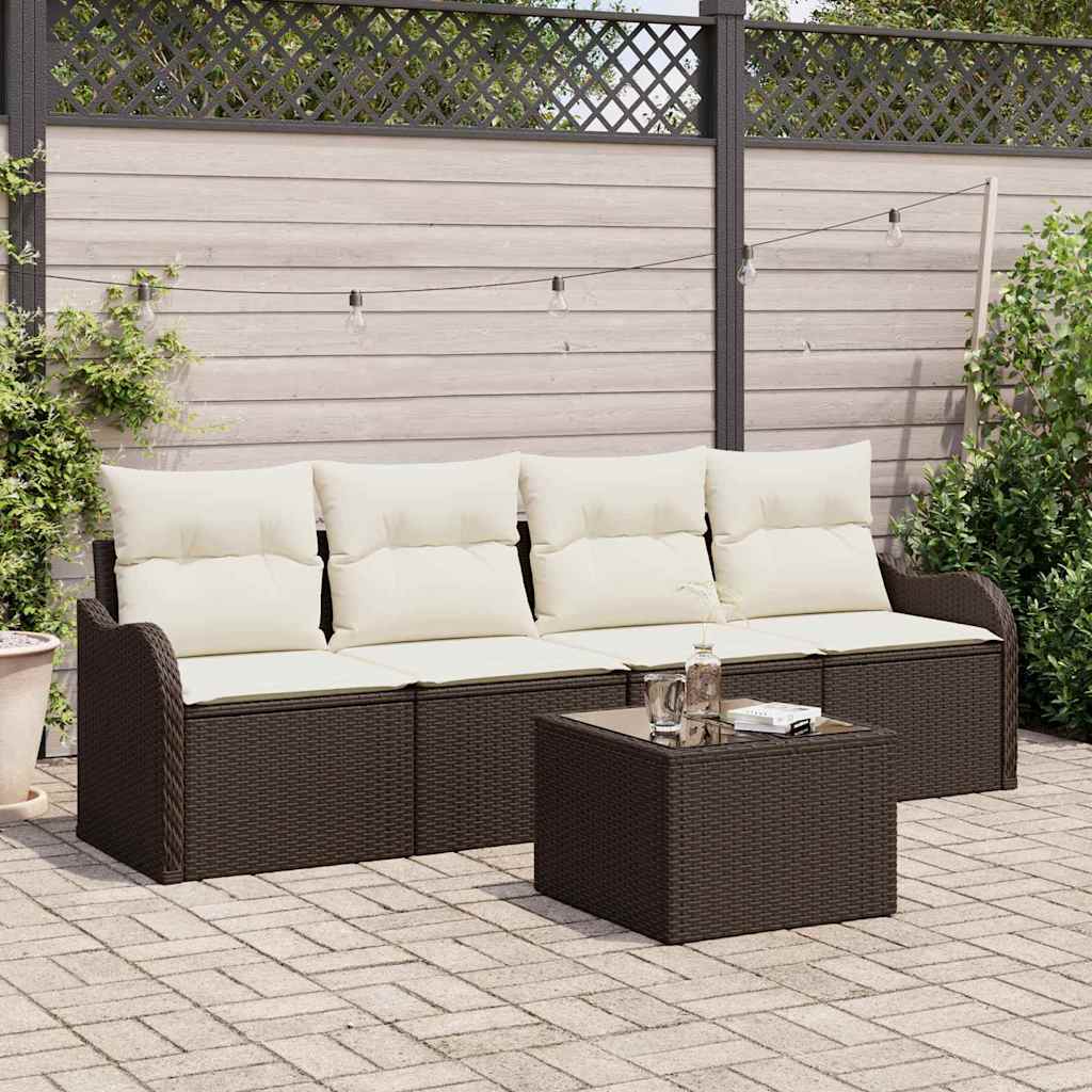 Havesofa Sæt 5 pcs Brun og Creme Polyrattan og stål og glas