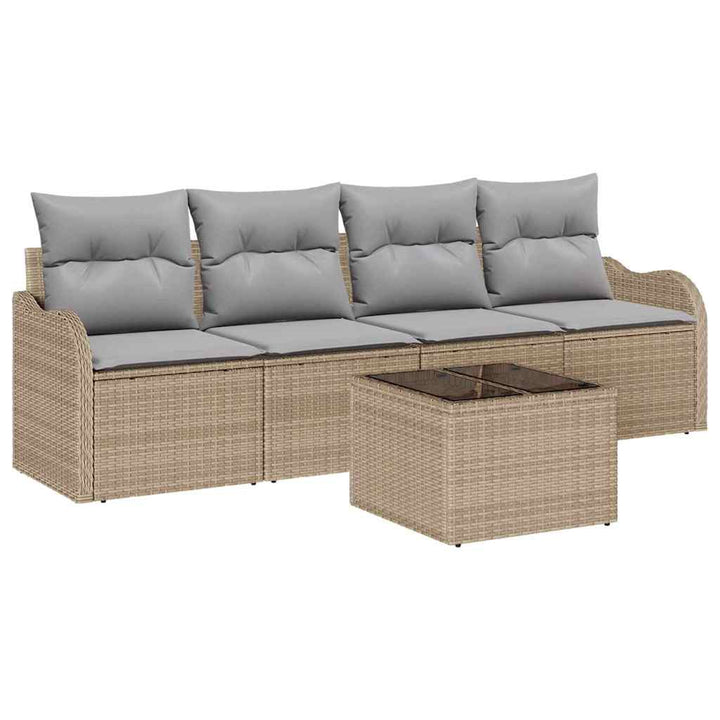 Havesofa Sæt 5 pcs Beige og grå Polyrattan og stål og glas