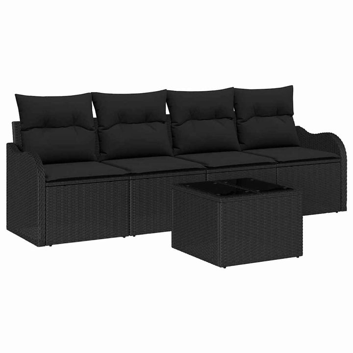 Havesofa Sæt med opbevaring med pude 5 pcs Sort polyrattan