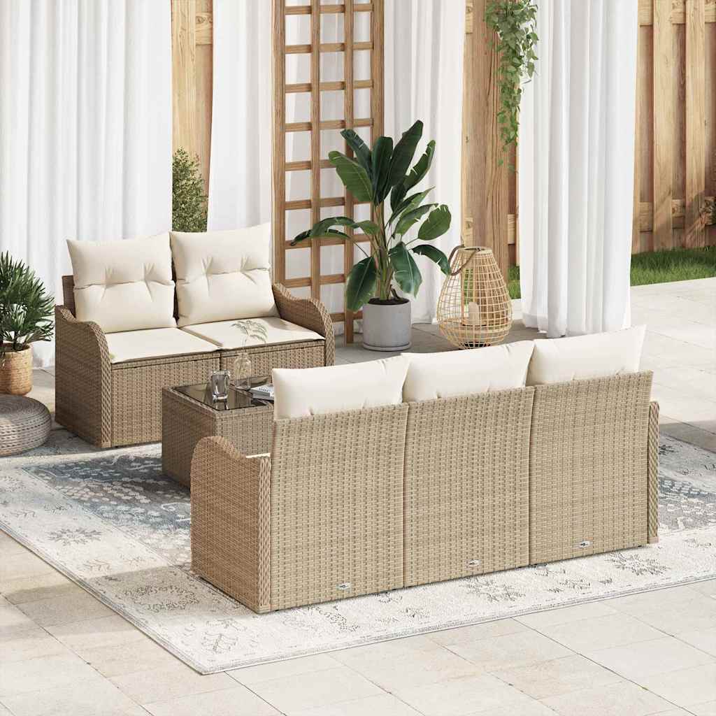 Havesofa Sæt 6 pcs Beige og creme Polyrattan og stål og glas