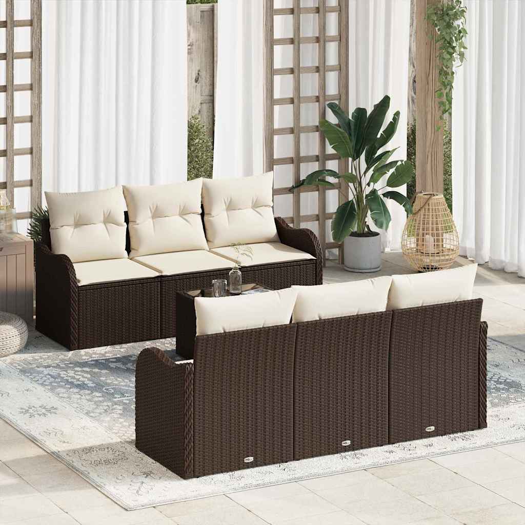Havesofa Sæt 7 pcs Brun og Creme Poly Rattan og Stål og Glas