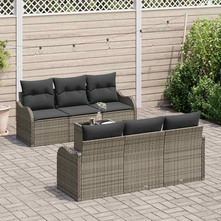 Havesofa Sæt med pude 7 pcs Grå Poly Rattan og Stål og Glas