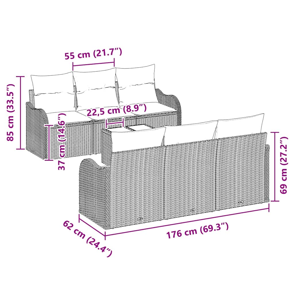 Havesofa Sæt med pude 7 pcs Grå Poly Rattan og Stål og Glas