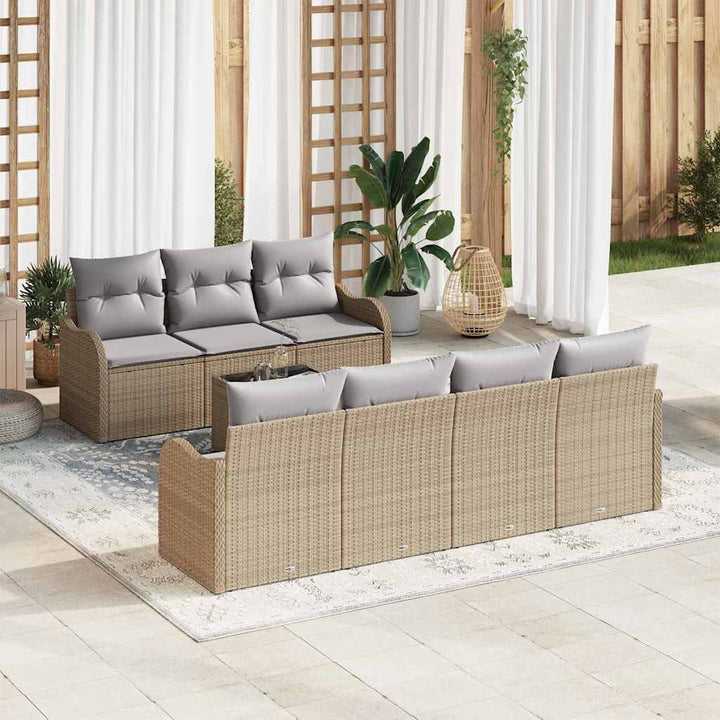 Havesofa Sæt 8 pcs Beige og grå Poly Rattan og Stål og Glas
