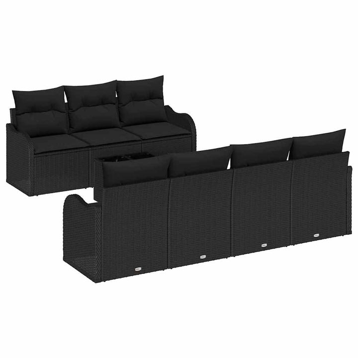 Havesofa Sæt med pude 8 pcs Sort Poly Rattan og Stål og Glas