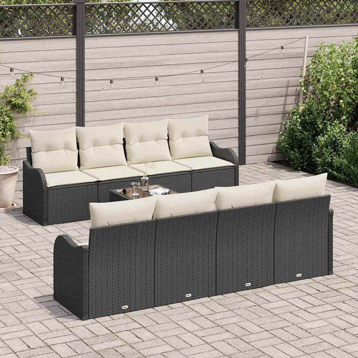 Havesofa Sæt 9 pcs Sort og Cream Poly Rattan og Stål og Glas