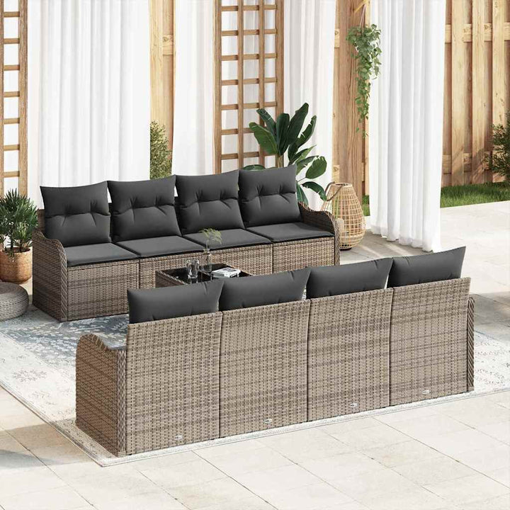 Havesofa Sæt med pude 9 pcs Grå Poly Rattan og Stål og Glas