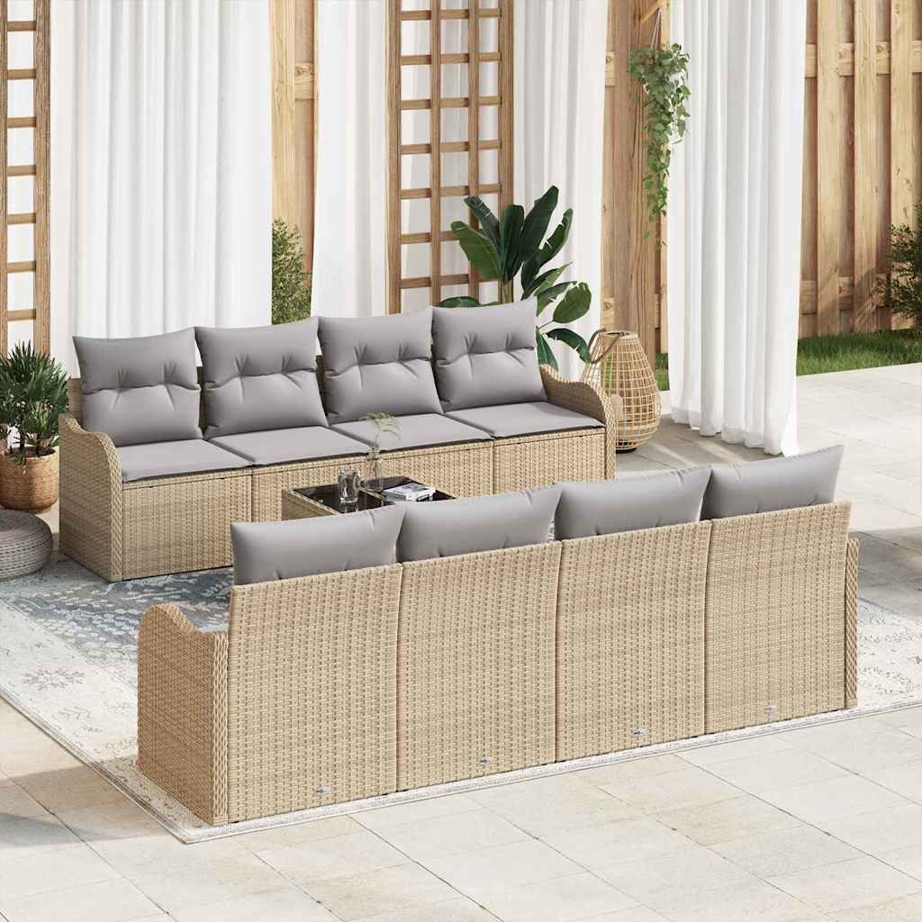 Havesofa Sæt 9 pcs Beige og grå Poly Rattan og Stål og Glas