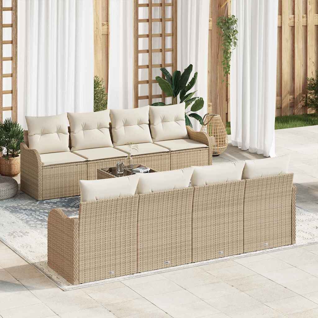 Havesofa Sæt 9 pcs Beige og creme Poly Rattan og Stål og Glas
