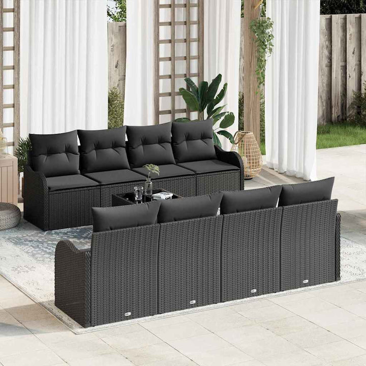 Havesofa Sæt med pude 9 pcs Sort Poly Rattan og Stål og Glas