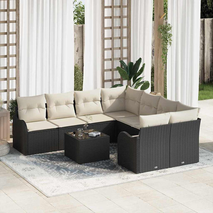 Havesofa Sæt 9 pcs Sort og Cream Poly Rattan og Stål og Glas