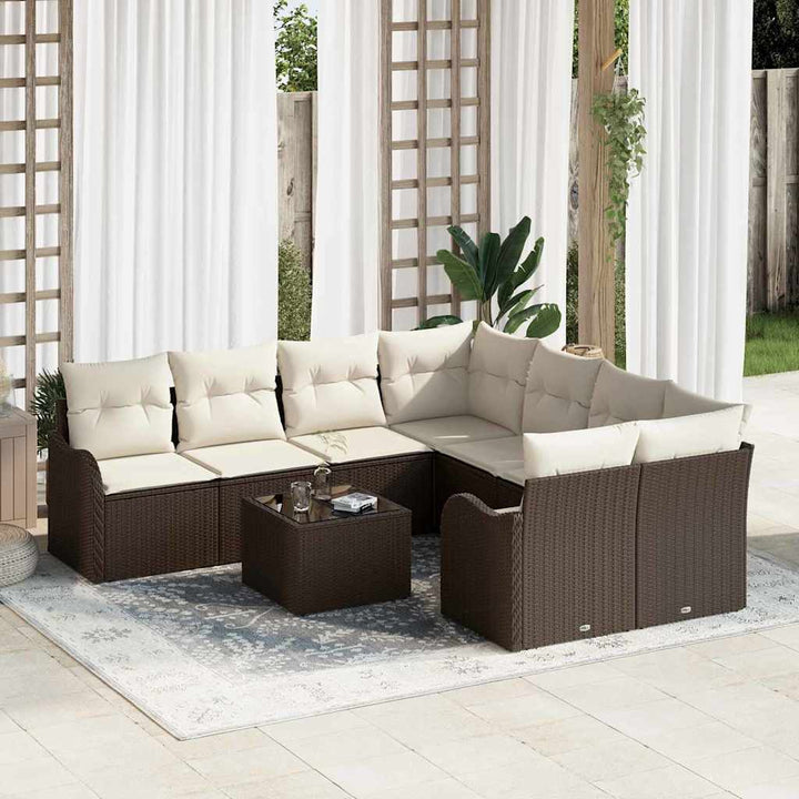 Havesofa Sæt 9 pcs Brun og Creme Poly Rattan og Stål og Glas