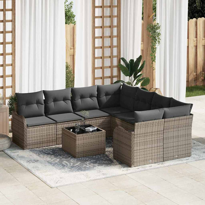Havesofa Sæt med pude 9 pcs Grå Poly Rattan og Stål og Glas