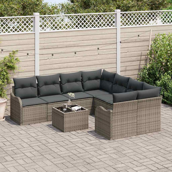 Havesofa Sæt med pude 9 pcs Grå Poly Rattan og Stål og Glas