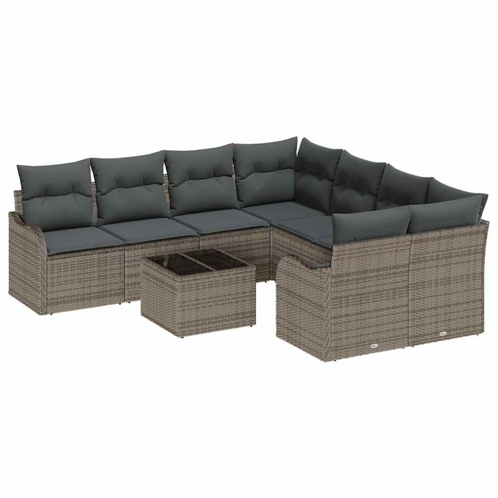 Havesofa Sæt med pude 9 pcs Grå Poly Rattan og Stål og Glas