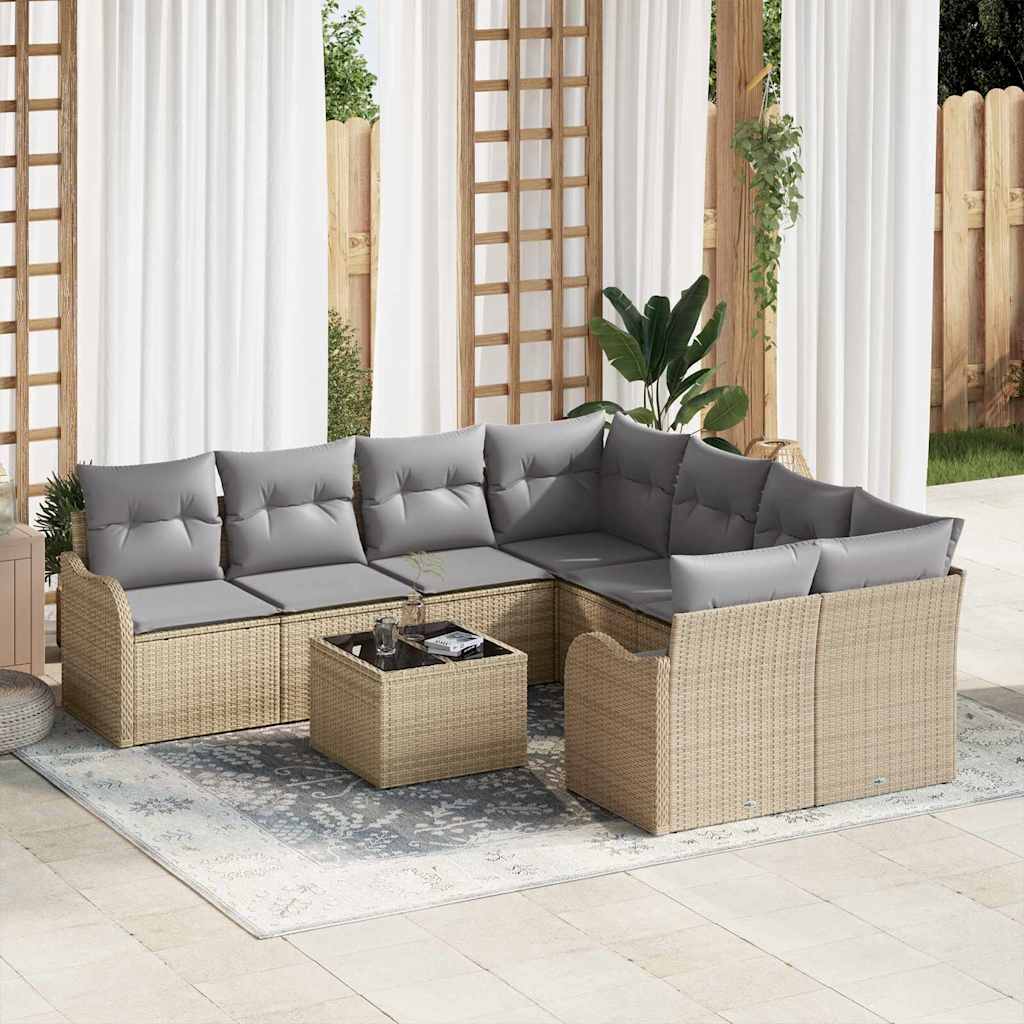 Havesofa Sæt 9 pcs Beige og grå Poly Rattan og Stål og Glas