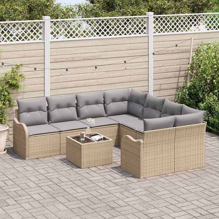 Havesofa Sæt 9 pcs Beige og grå Poly Rattan og Stål og Glas
