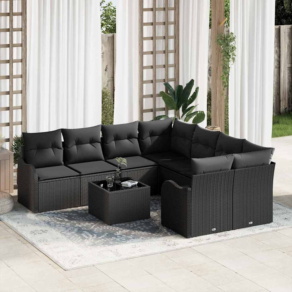 Havesofa Sæt med pude 9 pcs Sort Poly Rattan og Stål og Glas