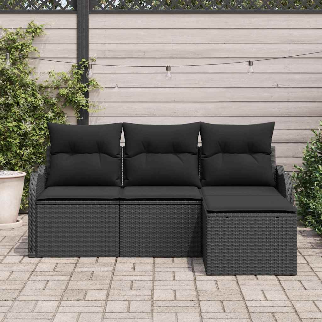 Havesofa Sæt med opbevaring 4 pcs Sort polyrattan