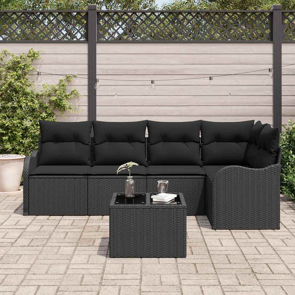 Havesofa Sæt med opbevaring 6 pcs Sort polyrattan