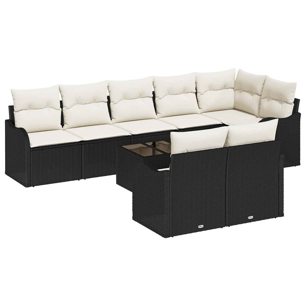 Havesofa Sæt med pude 9 pcs Sort og hvid Poly rattan