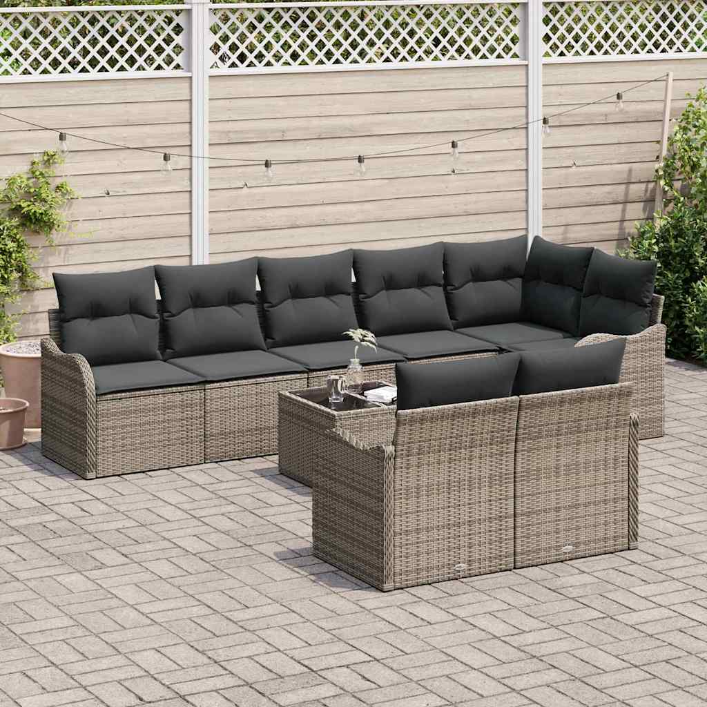 Havesofa Sæt med pude 9 pcs Grå Poly rattan