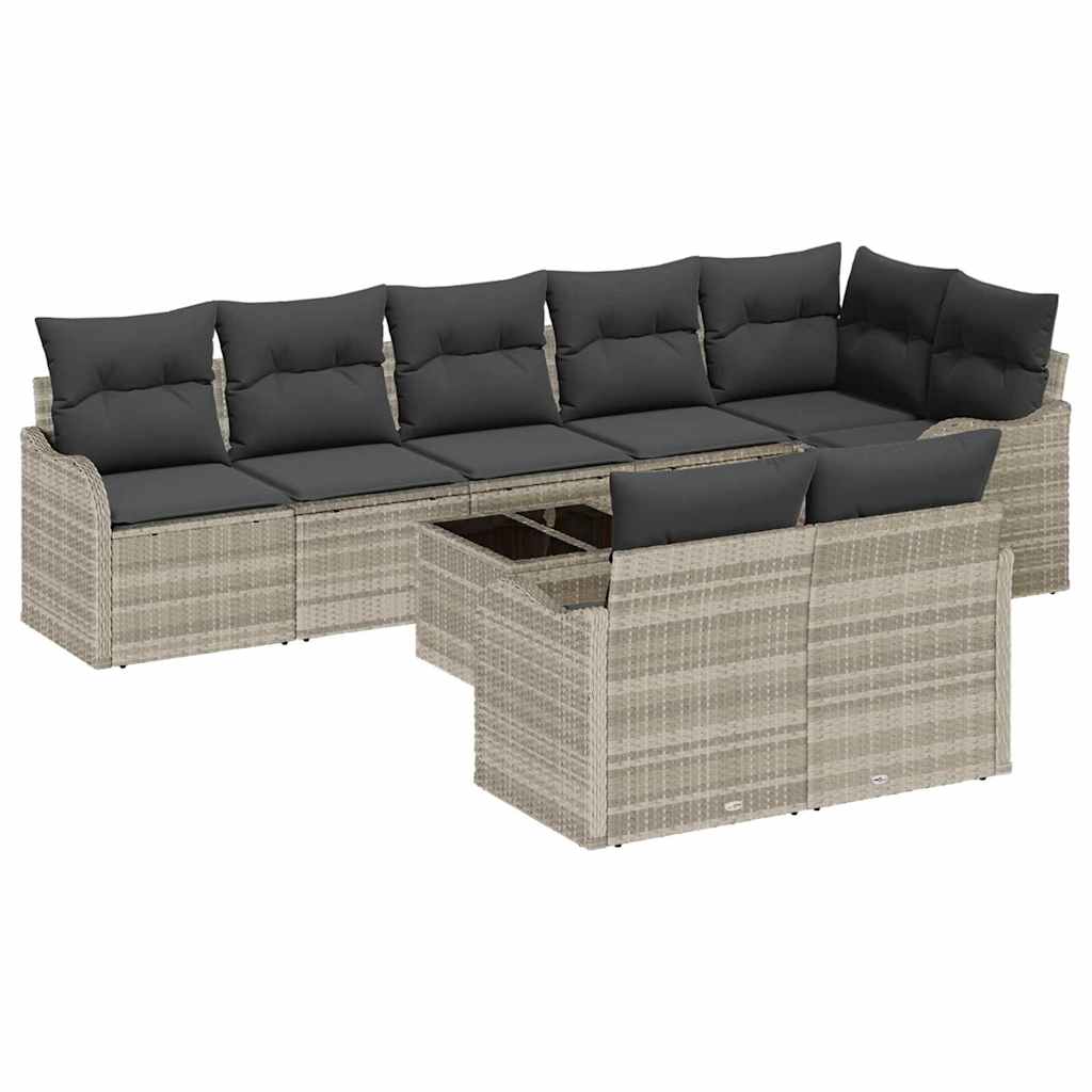 Havesofa Sæt med pude 9 pcs Lysegrå Poly rattan