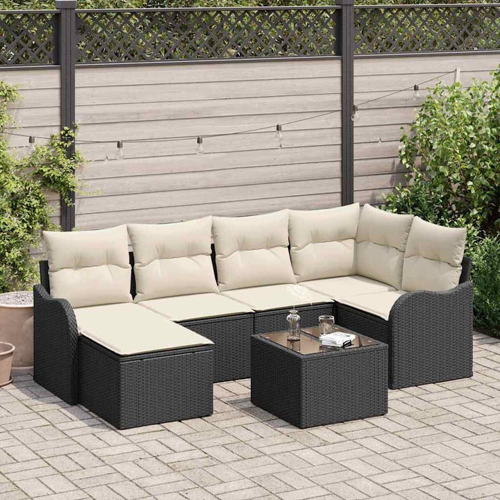 Havesofa Sæt med pude 7 pcs Sort og hvid Poly rattan