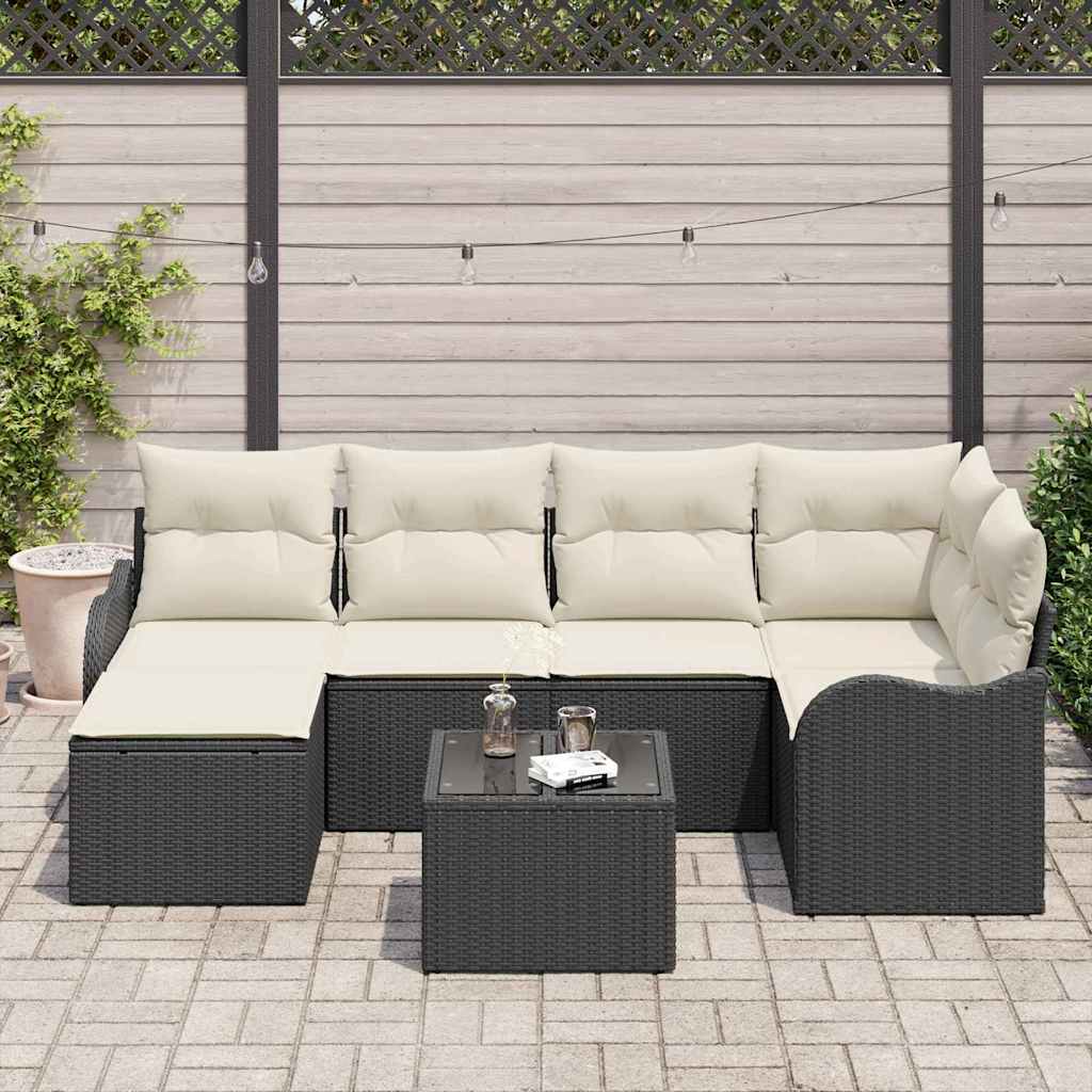 Havesofa Sæt med pude 7 pcs Sort og hvid Poly rattan