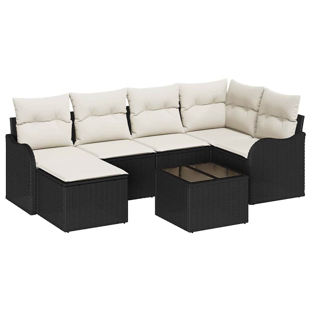 Havesofa Sæt med pude 7 pcs Sort og hvid Poly rattan