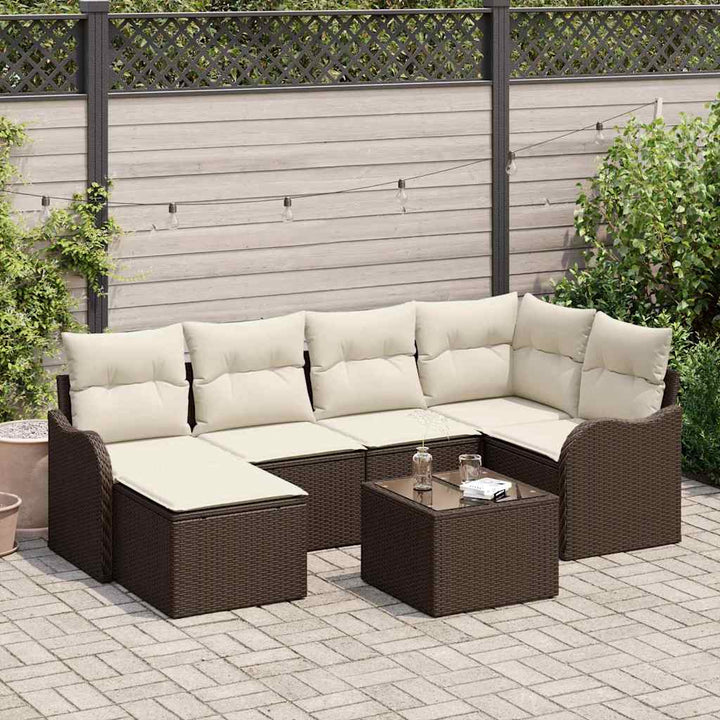 Havesofa Sæt med pude 7 pcs Brun og hvid Poly rattan