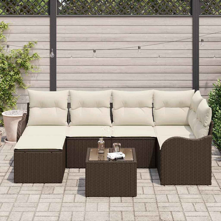 Havesofa Sæt med pude 7 pcs Brun og hvid Poly rattan