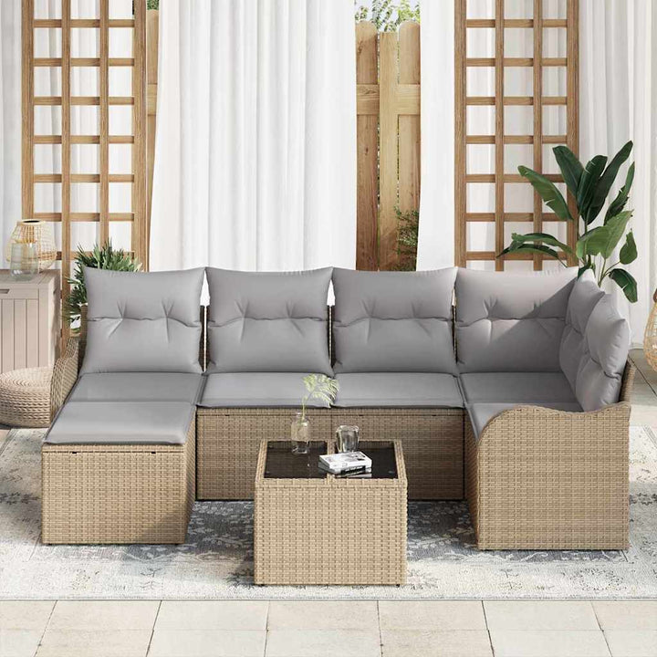 Havesofa Sæt med pude 7 pcs beige og lysegrå Poly rattan