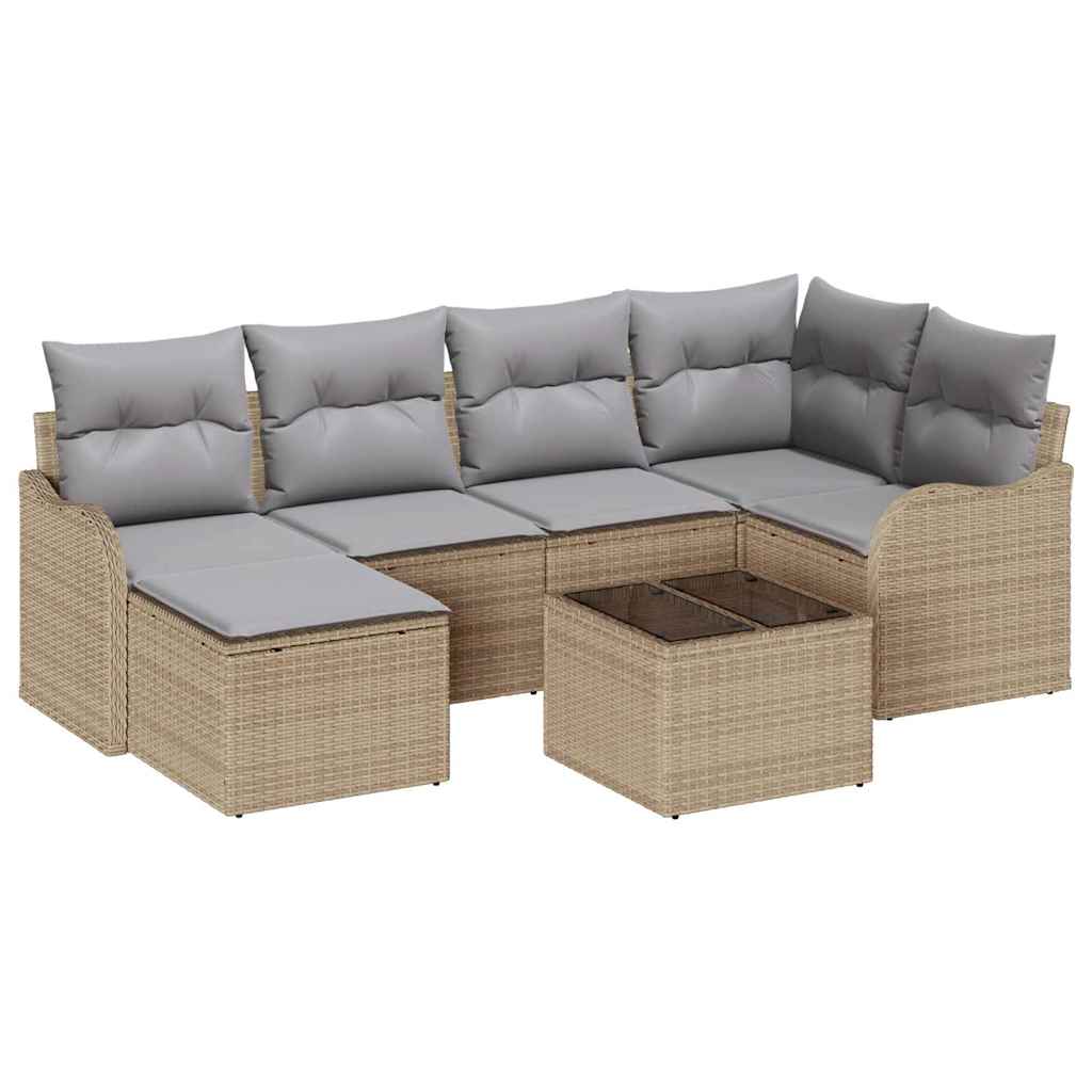 Havesofa Sæt med pude 7 pcs beige og lysegrå Poly rattan