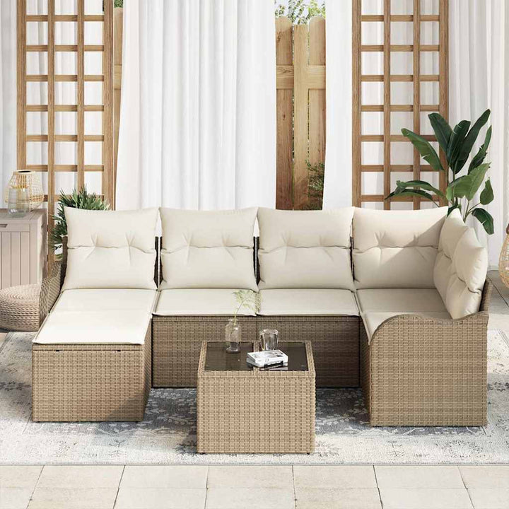 Havesofa Sæt med pude 7 pcs Beige og hvid Poly rattan