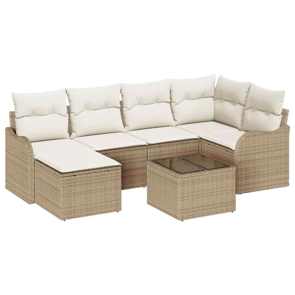 Havesofa Sæt med pude 7 pcs Beige og hvid Poly rattan