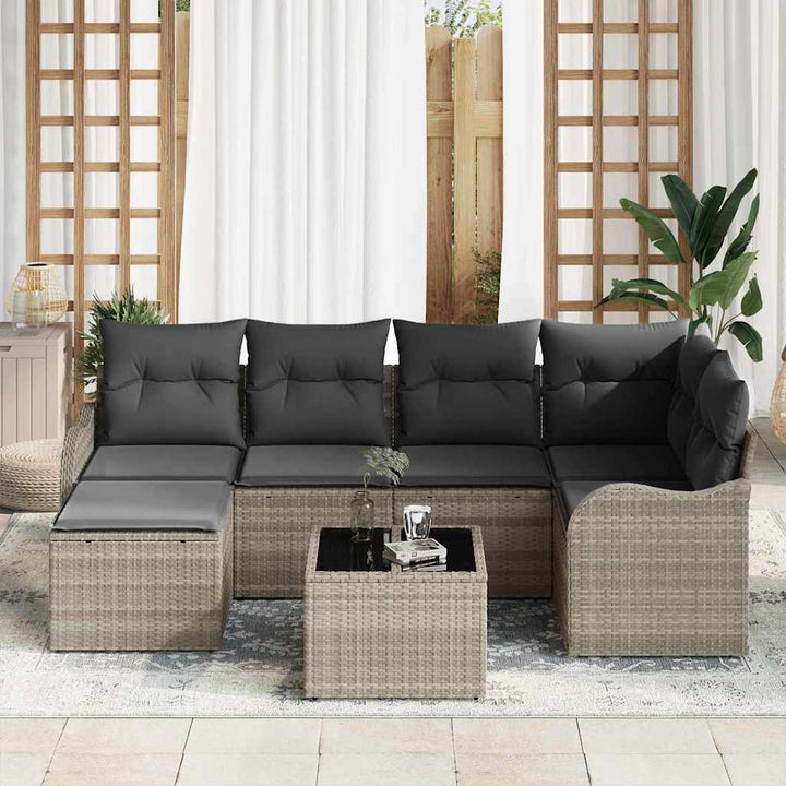 Havesofa Sæt med pude 7 pcs Lysegrå Poly rattan