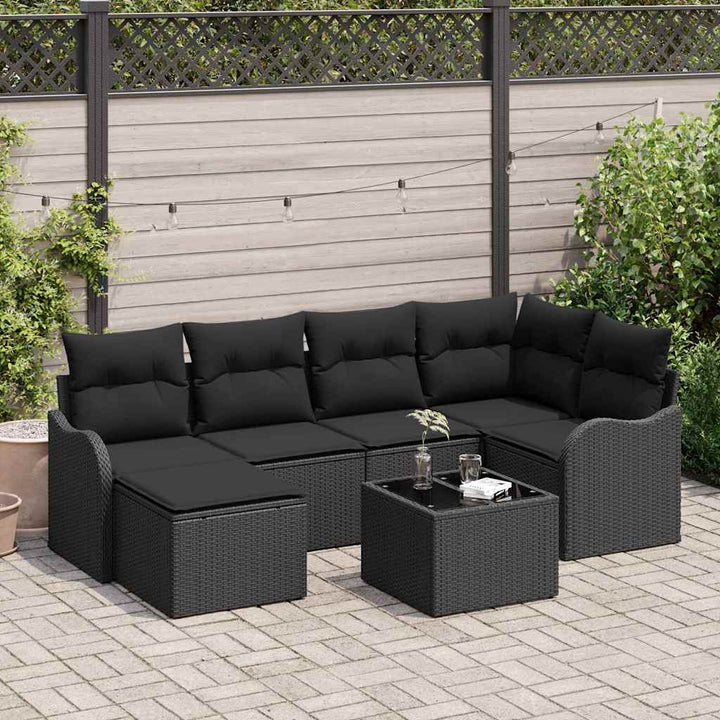 Havesofa Sæt med pude 7 pcs Sort Poly rattan