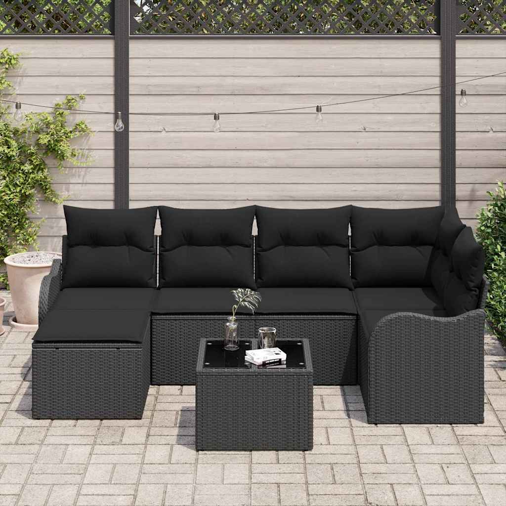 Havesofa Sæt med pude 7 pcs Sort Poly rattan