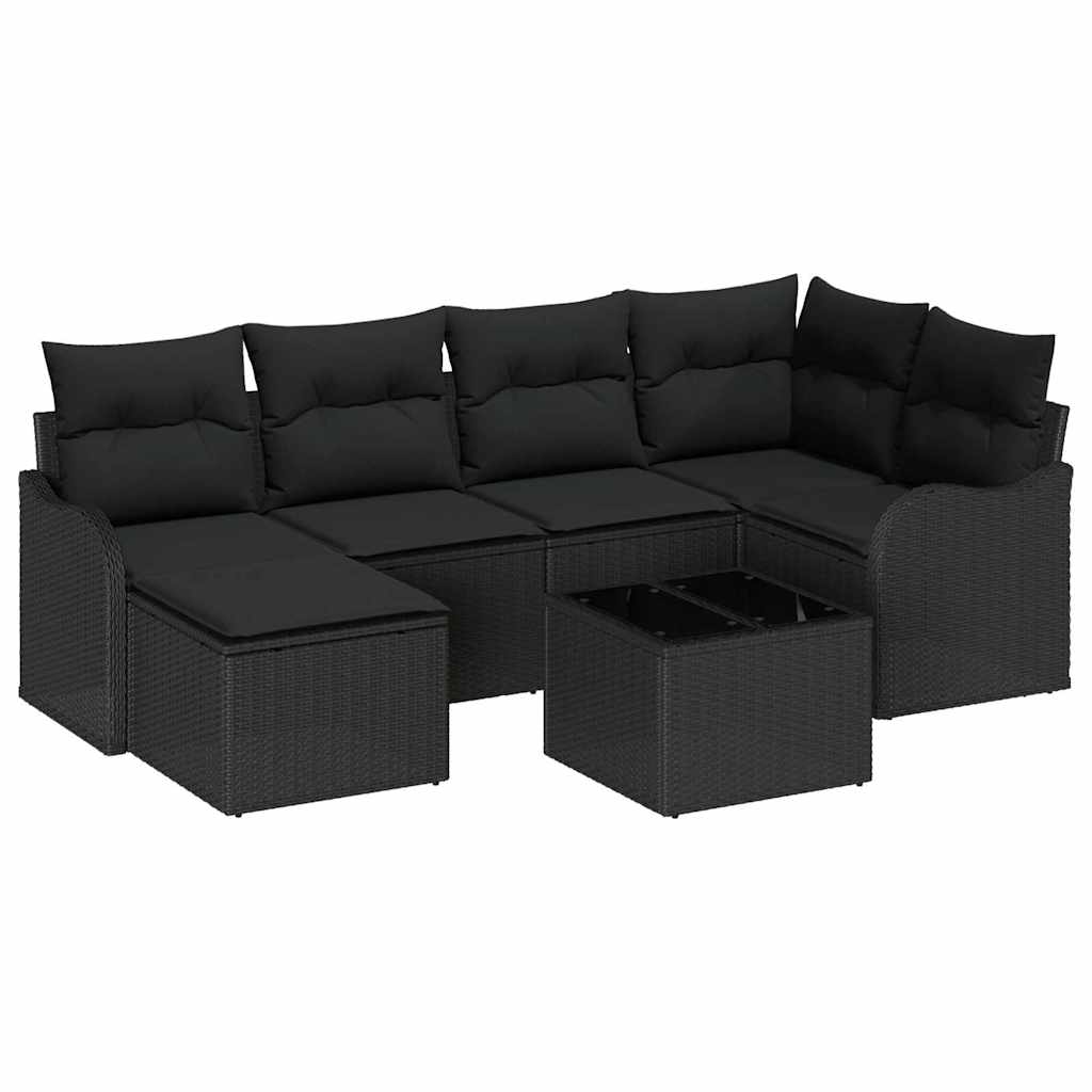 Havesofa Sæt med pude 7 pcs Sort Poly rattan