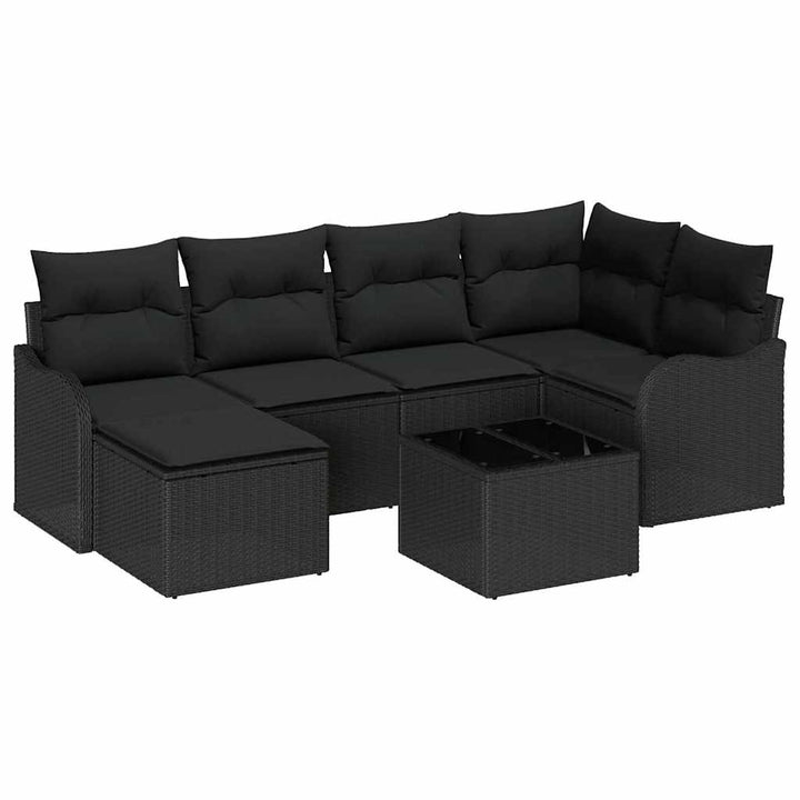 Havesofa Sæt med pude 7 pcs Sort Poly rattan