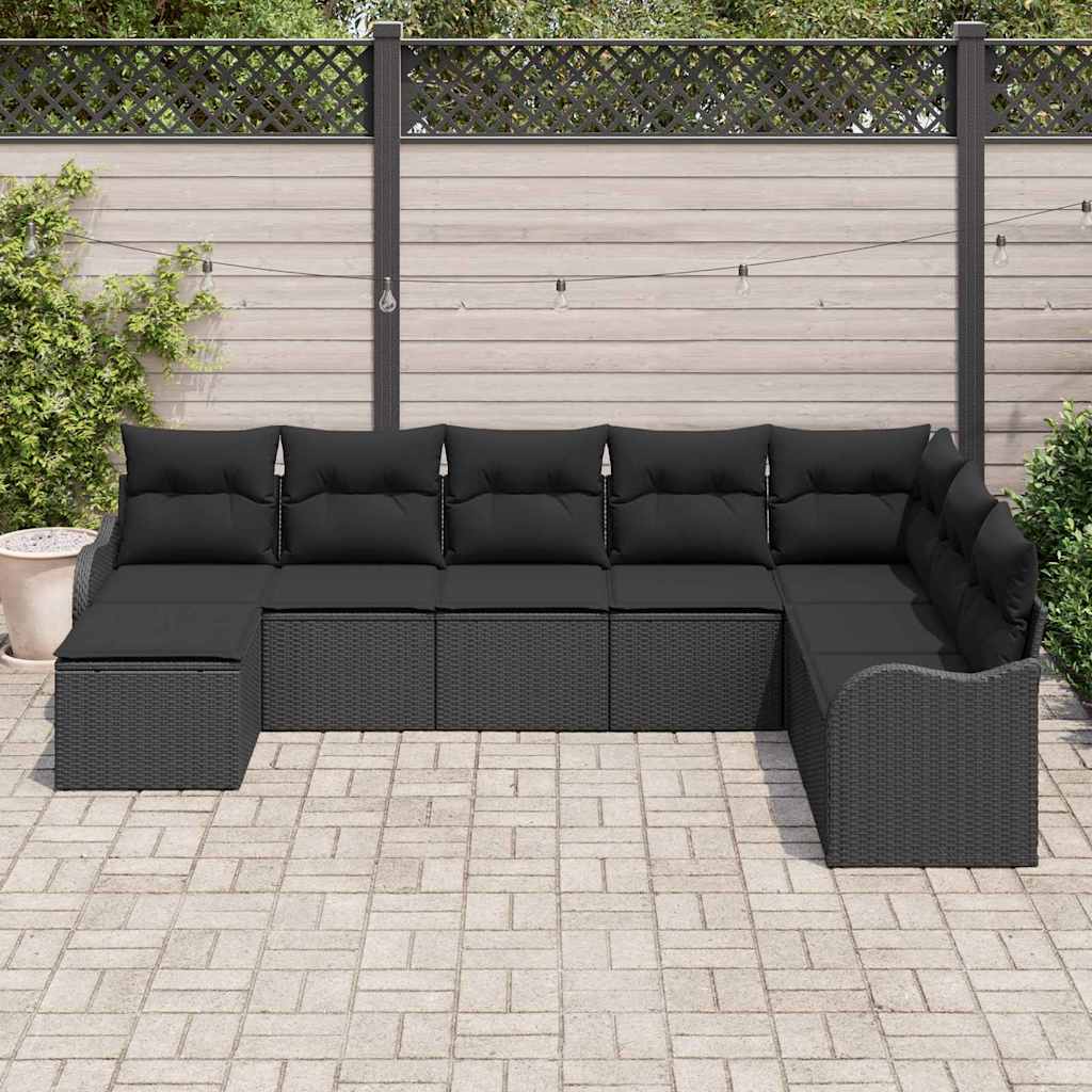 Havesofa Sæt med pude 8 pcs Sort Poly rattan
