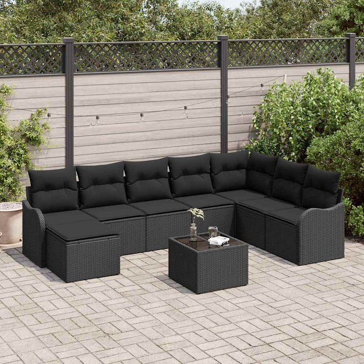 Havesofa Sæt med pude 9 pcs Sort Poly rattan