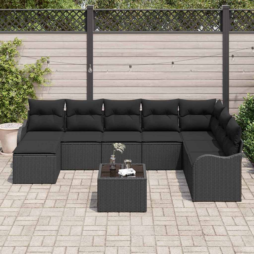Havesofa Sæt med pude 9 pcs Sort Poly rattan