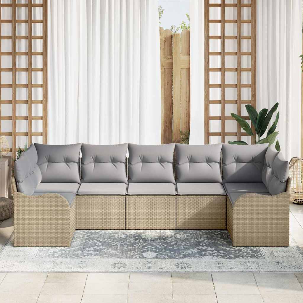 Havesofa Sæt med opbevaring 7 pcs beige og lysegrå Poly rattan