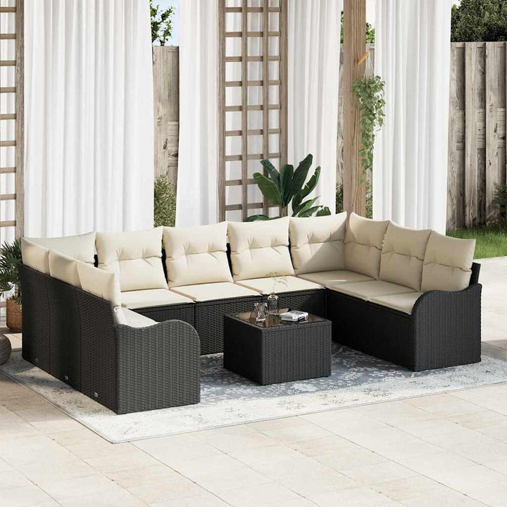 Havesofa Sæt med pude 10 pcs Sort og hvid Poly rattan